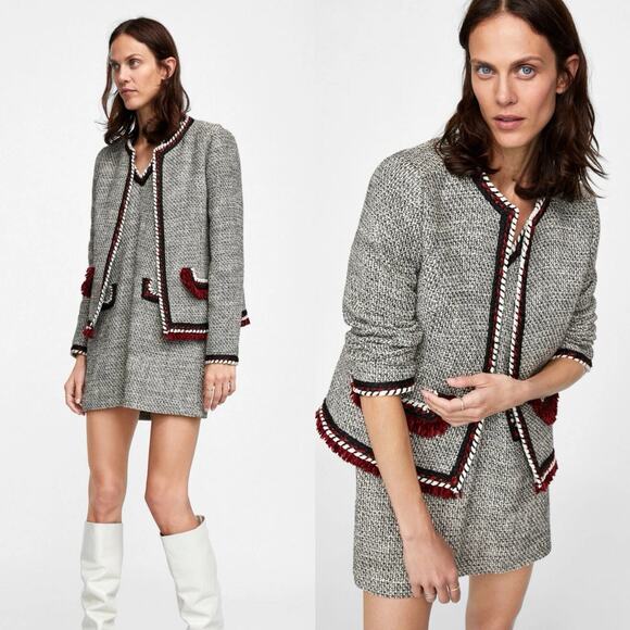Zara Quiet Luxury Blazer Jacket Multicolor Tweed Fringe Trim Open Front L - Picture 1 of 10